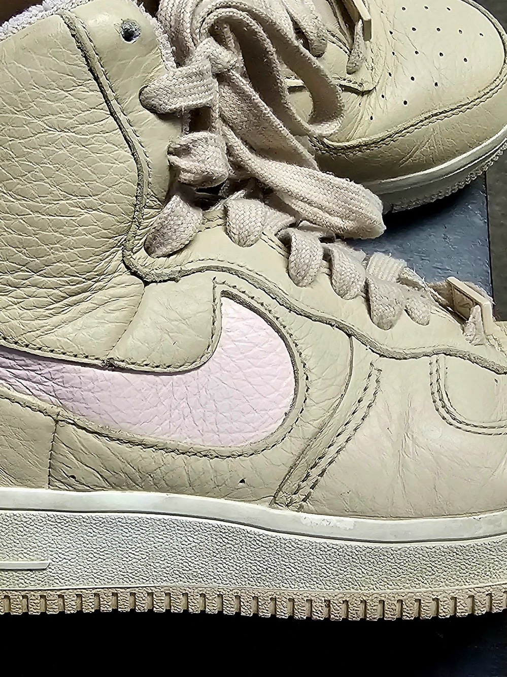 Nike Force Air 1 Mid- High-Top Sneakers in Beige with Pink Swoosh..paid $150